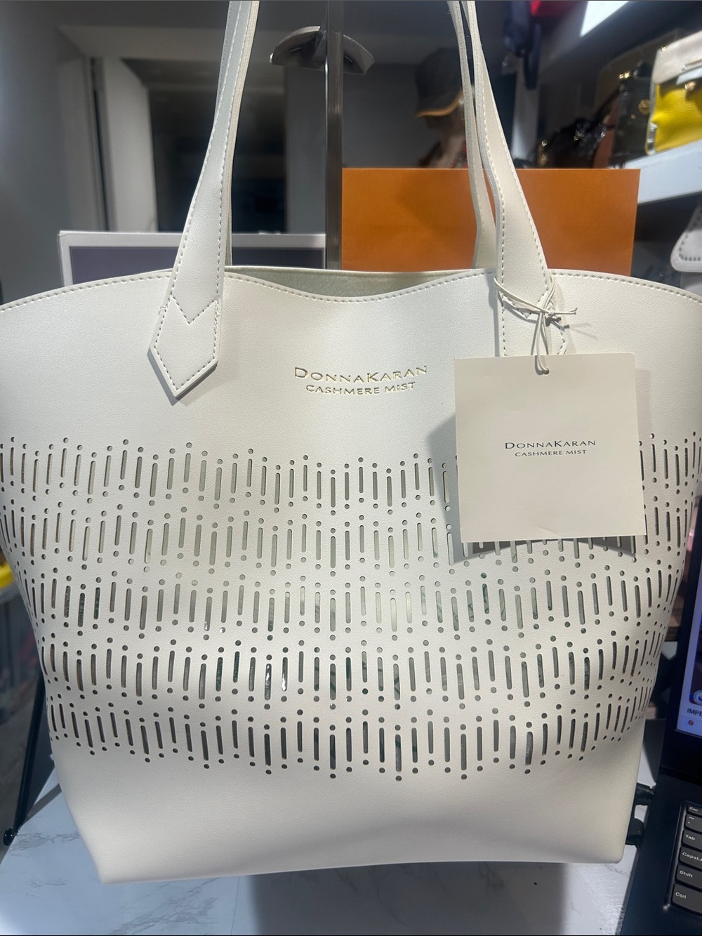 Donna Karan Cashmere Mist White Perforated Tote Bag